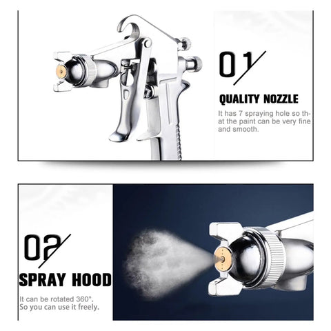 Heavy Duty Pneumatic Paint Sprayer With 400Ml Alloy Hopper adjustable nozzle close-up, showing fine mist spray pattern.