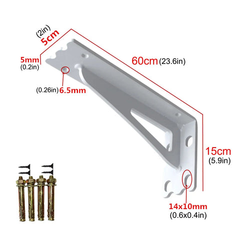 Top Notch 2 Pack Wall Mounted Shelf Brackets Heavy Duty Metal Triangle Supports with measurements and hardware for easy installation.