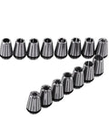 ER20 Collet Set, 15 Piece Spring Collets for CNC Routers, metric collets 1mm to 13mm, steel construction in a row