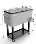 80 Quart Rolling Ice Chest On Wheels With Bottle Opener, Portable Patio Party Cooler Cart With Shelves For Beverages And Ice, Poolside Beverage Cooler For Backyard BBQs, Pool Parties And Indoor Events, shown from side with dimensions.