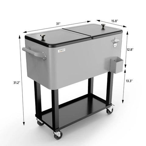80 Quart Rolling Ice Chest On Wheels With Bottle Opener, Portable Patio Party Cooler Cart With Shelves For Beverages And Ice, Poolside Beverage Cooler For Backyard BBQs, Pool Parties And Indoor Events, shown from side with dimensions.
