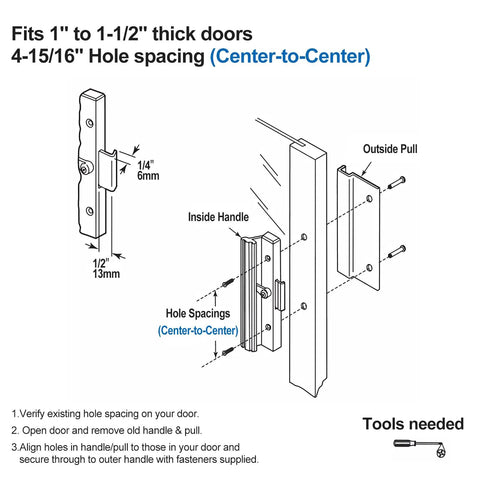 Clamp Style Aluminum Sliding Patio Door Handle Set With White Woodgrain Finish 4 15/16 Inch Center To Center Hole Spacing Replacement For Sliding Glass Doors installation diagram.