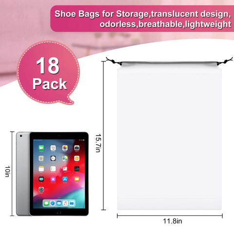 18 Pack Travel Shoe Bags For Packing And Organization, Clear 15.7 X 11.8 Inch Storage Bags for footwear storage with size comparison.