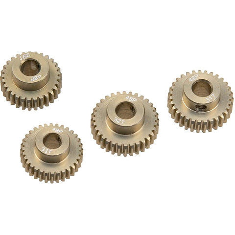 Set of four Dope 48DP 5mm Pinion Gears 29T-32T for RC Cars, 7075 aluminum, fits 5mm shafts, compatible with HPI Losi Traxxas Tamiya models