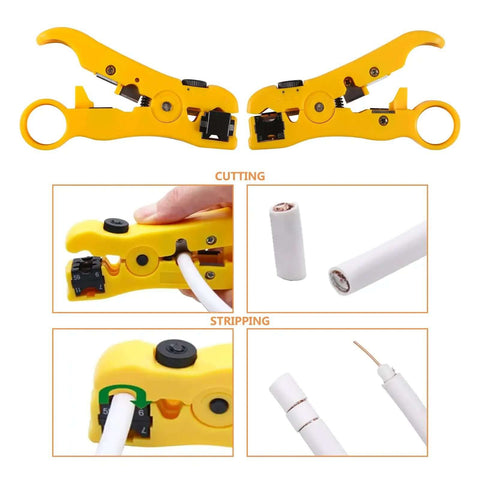 Adjustable Coax Cable Crimp Kit with Stripper and 20 F Compression Connectors for RG6 RG59 RG11, showing cable stripping.