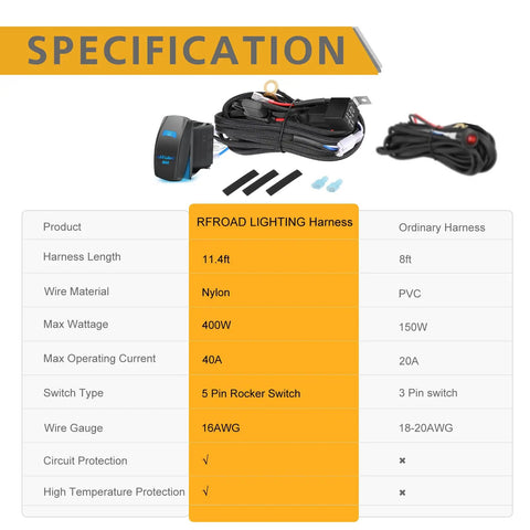 One Lead Wiring Harness For LED Light Bar And Fog Lights 12V Universal Kit With 40A Relay Fuse, nylon material, 11.4 ft length