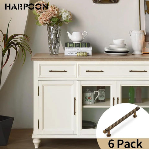 6 Pack Vintage Kitchen Cabinet Handles Antique Brass Bar Pulls With 5 Inch Hole Center, showcased on white cabinet drawers.
