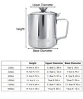 Dimensions chart of Stainless Steel Milk Frothing Pitcher With Lid And Dripless Spout 2000ml Pro Grade For Latte Art Ready Milk Steaming.