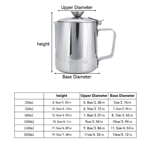 Dimensions chart of Stainless Steel Milk Frothing Pitcher With Lid And Dripless Spout 2000ml Pro Grade For Latte Art Ready Milk Steaming.