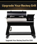 Recteq Dual Fire 1200 grill on wheels, side view. "Upgrade Your Recteq Grill" text in background. Grill shown without folding shelf.