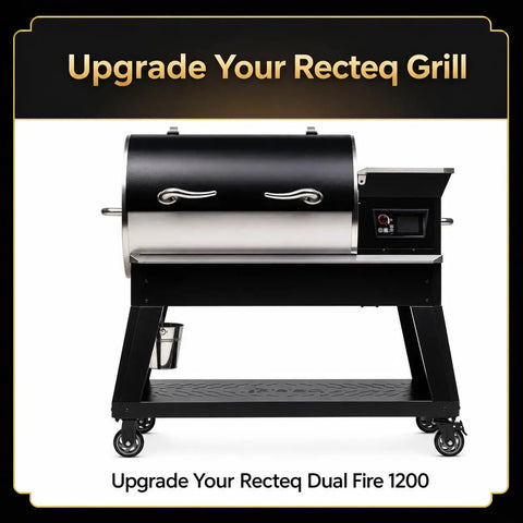 Recteq Dual Fire 1200 grill on wheels, side view. "Upgrade Your Recteq Grill" text in background. Grill shown without folding shelf.