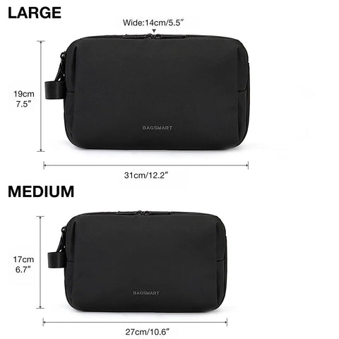 Travel Toiletry Organizer Dopp Kit For Men Large Water Resistant Shaving Bag, black, two sizes labeled Large and Medium, shown flat.