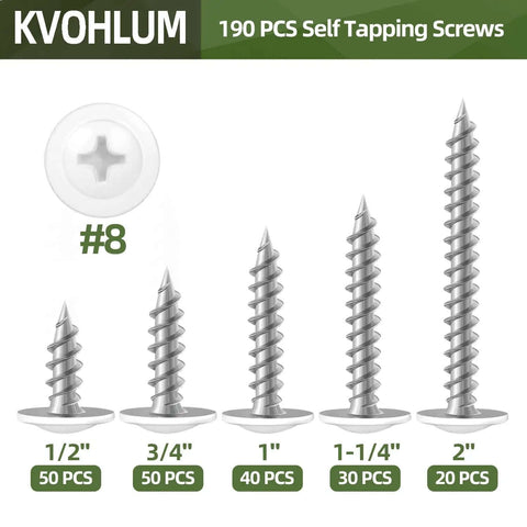 Self Tapping Wood Screws Set With 190 Pieces Number Eight Truss Head White Phillips Drive Assortment Kit
