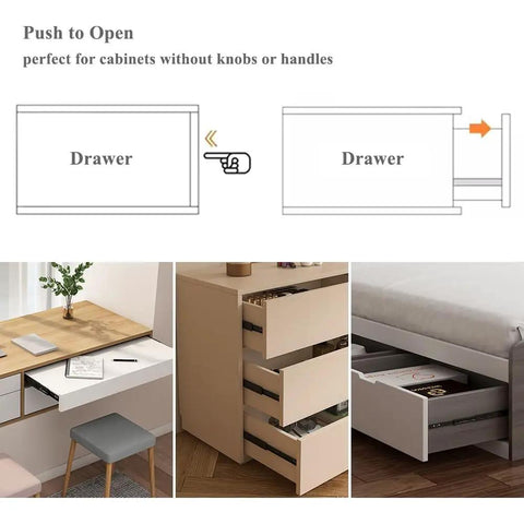 3 installed views of 2 Pairs Push To Open Drawer Slides 16 Inch Full Extension Heavy Duty Ball Bearing Metal Drawer Runners Rails Track For Kitchen Cabinets And Furniture, Solid Cold Rolled Steel, Supports Up To 45kg, No Pull Hardware Needed, Sleek Modern Look with diagrams and example drawers in use