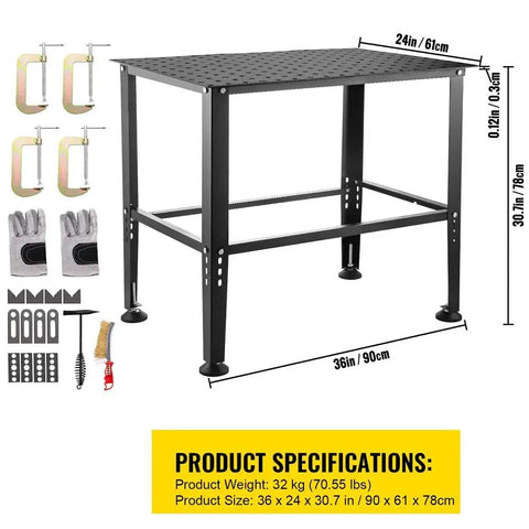 Heavy Duty Adjustable Welding Table With Steel Reinforced Frame, 600 Pound Capacity, 36 By 24 Inch Worktop, built with clamps and gloves.