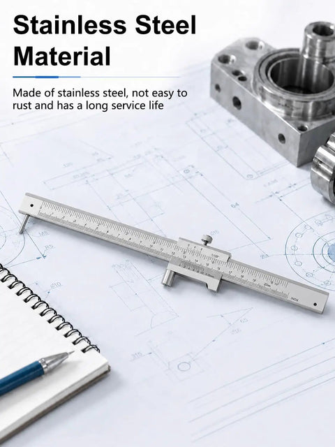 Metal Scribe Caliper Tool 0-200mm 0-8in Marking Gauge With Precise 0.05mm Resolution and 0.05mm Accuracy stainless steel on blueprint