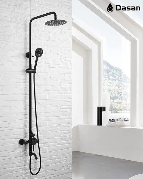 Outdoor Shower Fixture Set With 3 Function Matte Black Faucet 8 Inch Rainfall Shower Head Handheld Sprayer Spout And SUS 304 Stainless Steel Build For Durable Pro Grade Style Bathroom Shower Upgrade.