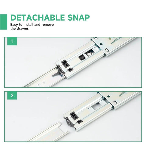 Detachable snap system on 20 Inch Heavy Duty Soft Close Drawer Slides for easy installation and removal.