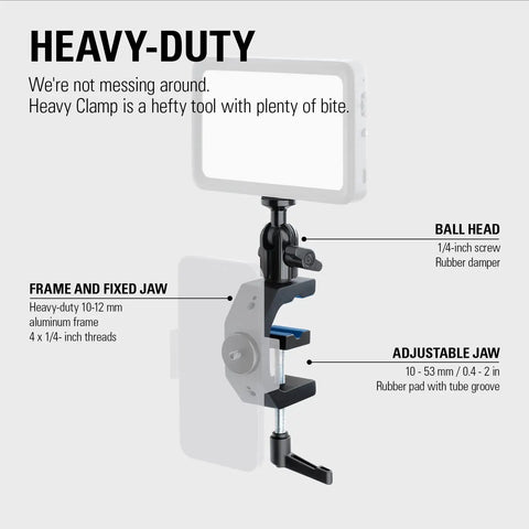 Heavy Duty Aluminum Camera And Lighting Mount Featuring Adjustable Ball Head Thick Padded Jaws Grip Rock Solid On Tables And Light Stands Four Quarter Inch Threads For Fast Rig Build