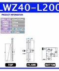 Dovetail Linear Guide Carriage LWZ40 with long stroke travel, product dimensions and specifications illustration.