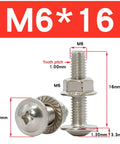 Heavy Duty M6 Hex Socket Head Cap Screws And Flange Nuts Assortment Kit In 304 Stainless Steel, M6x16 size with dimensions labeled