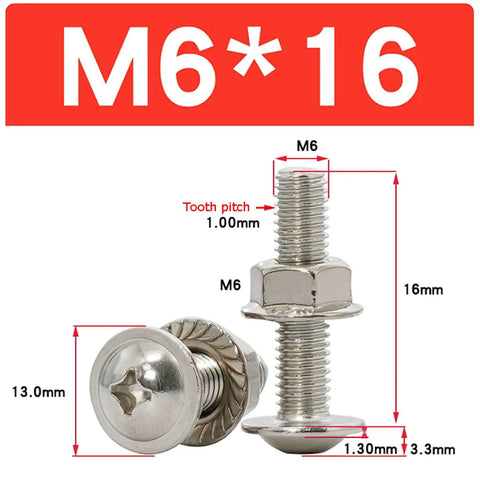 Heavy Duty M6 Hex Socket Head Cap Screws And Flange Nuts Assortment Kit In 304 Stainless Steel, M6x16 size with dimensions labeled