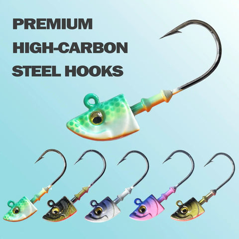 Straight Fire Swimbait Jig Heads With Realistic 3D Eyes And Tough High Carbon Steel Hooks In The Ten Pack For Saltwater Fishing showcasing various color options.