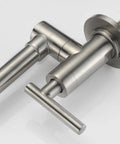 Close-up of Pot Filler Faucet Wall Mount Brushed Nickel Finish With Dual Swing Joints 304 Stainless Steel Lead Free ASME A112.18.1 CSA B125.1 Certified ICC-ES PMG Easy Fill For Busy Home Chefs.