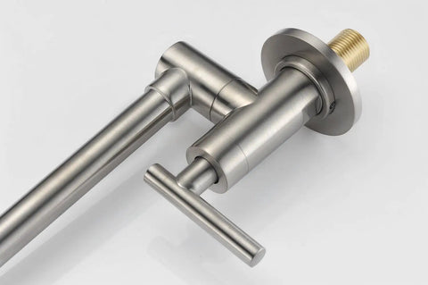 Close-up of Pot Filler Faucet Wall Mount Brushed Nickel Finish With Dual Swing Joints 304 Stainless Steel Lead Free ASME A112.18.1 CSA B125.1 Certified ICC-ES PMG Easy Fill For Busy Home Chefs.