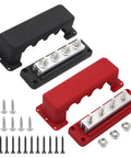 Top Grade Heavy Copper Bus Bar With Built Tough 600 Amp Power Distribution Block in black and red with screws for direct current.
