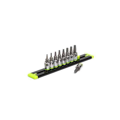 Bi-Directional RPT Star Driver Set, 9 Piece, T6 Through T40, One Quarter Inch Drive, S2 Steel Construction, on socket rail