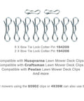 Bow Tie Lock Cotter Pins And Deck Clips Set In Seven Sixteenths Inch And Five Sixteenths Inch For Front And Deck Linkage, Includes 194209 And 194208 Pins, Beefy Hardware, Compatible With Husqvarna Craftsman Poulan, silver steel pins