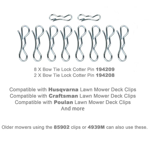 Bow Tie Lock Cotter Pins And Deck Clips Set In Seven Sixteenths Inch And Five Sixteenths Inch For Front And Deck Linkage, Includes 194209 And 194208 Pins, Beefy Hardware, Compatible With Husqvarna Craftsman Poulan, silver steel pins