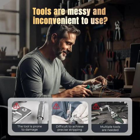 Man using Heavy Duty 8 In One Wire Stripper Pliers With Built In Voltage Tester for wiring projects at desk.