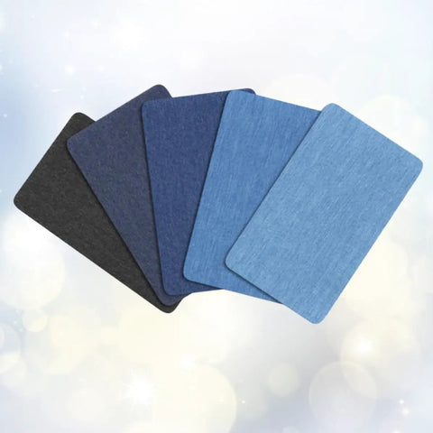 Badass Adhesive Jean Repair Patches 5 Piece Set Featuring Rad Designs with various denim colors for quick repairs.
