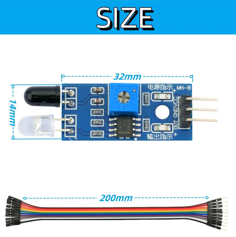 Infrared Proximity Sensor Module For Arduino Smart Car Robot 10Pcs 2-30Cm Obstacle Avoidance Reflective Photoelectric Sensor With Dupont Cables 3.3V To 5V Compatible Plug And Play, size shown with dimensions and Dupont cables