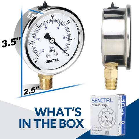 Heavy Duty 30 InHg Vacuum Liquid Filled Low Pressure Gauge For HVAC Systems Water Oil Air Testing Brass And Stainless Steel Wetted Parts Durable Accurate Pressure Readings, 3.5 in dial