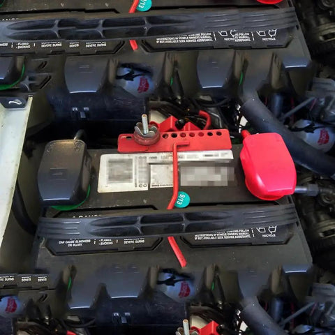 Installed Quick Release Brass Battery Terminal Clamps With Red And Blue Covers For Top Post Battery No Fuss Disconnect