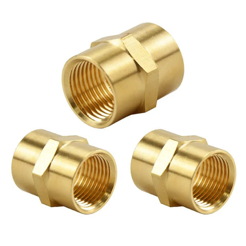 3 Pack Half Inch Brass Coupler Set Half Inch NPT Female To Female Hex Nipple Air Hose Fittings shown in close-up view