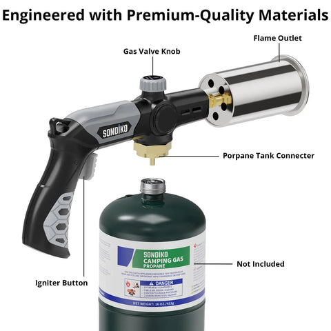 Powerful Propane Torch For Grillin And Cookin, Grilling Steak, Searing, Sous Vide, Welding, And Wood Burning with propane tank.