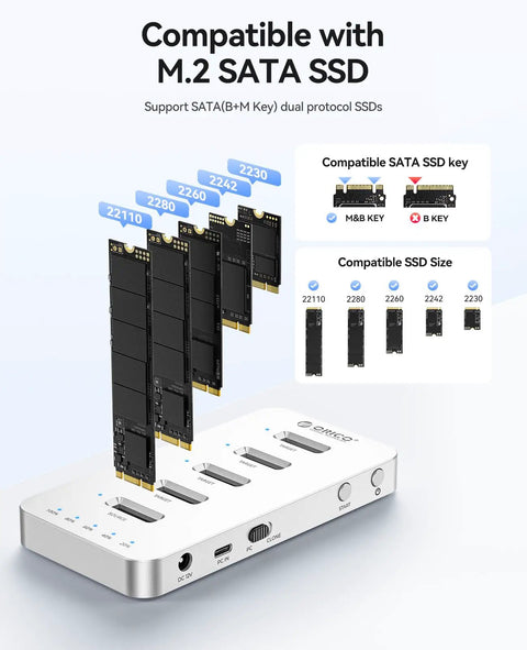 Built Different Five Bay M.2 NVMe SATA SSD Docking Station showcasing compatible M.2 SSD sizes and docking ports.