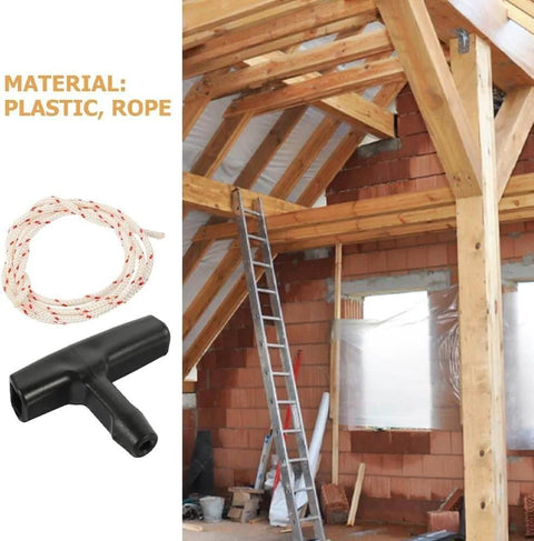 Garage Door Emergency Pull Rope Kit With Handle For Attic Ladder Access shown with plastic rope and ladder in attic space