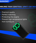 Honda Cooling Fan Control Unit CDI Box For ATV Fits Trx400Fw 1995-2003 Trx450Es 1998-2001 Trx450Fe 2002-2004 Trx450Fm Replace 38710-HM7-004 Protects Engine From Overheating And Keeps Cool with direct view of black and green unit.