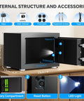 Internal view of Tiny Home Safe With Electronic Keypad Lock For Cash Jewelry Passport Hidden Safe For Closet Dorm Room Black Portable Safe For Everyday Valuables including battery compartment, reset button, LED light and accessories like keys, Type-C, foot pads.