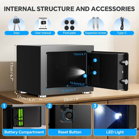 Internal view of Tiny Home Safe With Electronic Keypad Lock For Cash Jewelry Passport Hidden Safe For Closet Dorm Room Black Portable Safe For Everyday Valuables including battery compartment, reset button, LED light and accessories like keys, Type-C, foot pads.