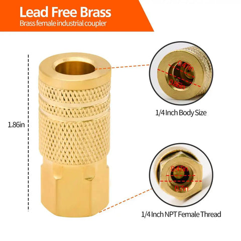 Twenty Pack One Quarter Inch Brass Female Industrial Quick Connectors For Air Hoses NPT Female Threads Three Hundred PSI Durable Fittings For Pro Jobsites And Auto Shops