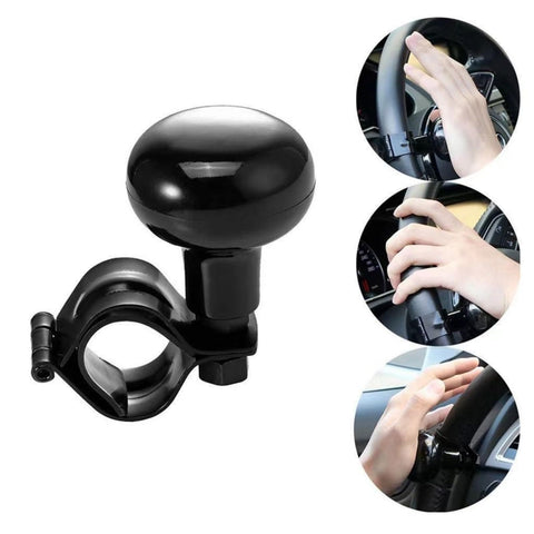 One Hand Drive Steering Wheel Knob Power Handle For Cars Trucks Marine Boats Universal Ball Grip With Palm Pad Beefy Stainless Steel And ABS Rust Proof Build Provides Smooth 360 Degree One Hand Control, shown in various usage positions.