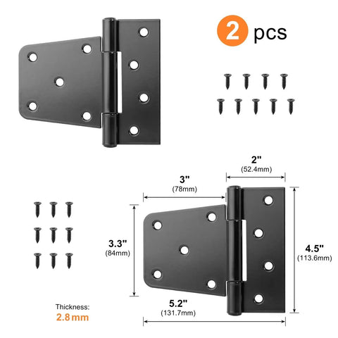 Heavy Duty Black Iron Hinges For Outdoor Barn Shed And Fence Gate Wood Doors 4.5 Inch dimensions with screws included.
