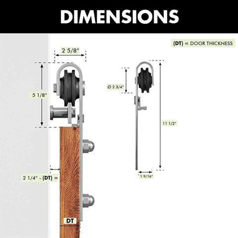 Diagram showing dimensions of Brushed Nickel Non-Bypass Sliding Barn Door Hardware Kit For One Door, 7.5ft Flat Track System