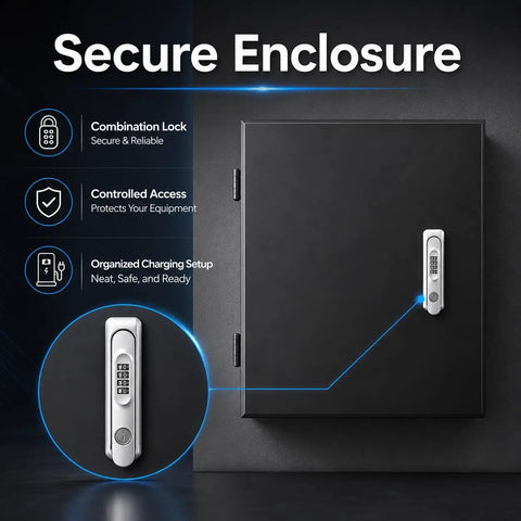 Ironclad Wall-Mounted EV Charger Protection Box With Combo Lock, Heavy-Duty 19-Inch Enclosure with secure combination lock.
